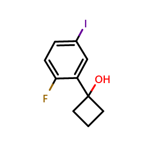 Chemical structure of 1-(2-fluoro-5-iodophenyl)cyclobutanol , CAS 2918877-44-6, AChemBlock AD295555