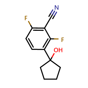 Chemical structure of 2,6-difluoro-3-(1-hydroxycyclopentyl)benzonitrile , CAS 2918871-96-0, AChemBlock AD295557