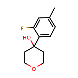 Chemical structure of 4-(2-fluoro-4-methylphenyl)tetrahydro-2H-pyran-4-ol , CAS 2163421-56-3, AChemBlock AD295607