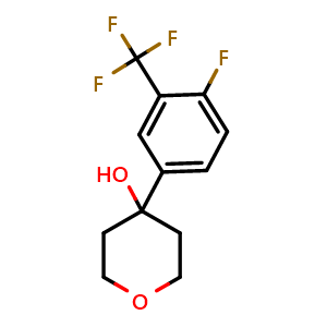 Chemical structure of 4-(4-fluoro-3-(trifluoromethyl)phenyl)tetrahydro-2H-pyran-4-ol , CAS 1820670-29-8, AChemBlock AD295628