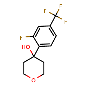 Chemical structure of 4-(2-fluoro-4-(trifluoromethyl)phenyl)tetrahydro-2H-pyran-4-ol , CAS 2918931-69-6, AChemBlock AD295630