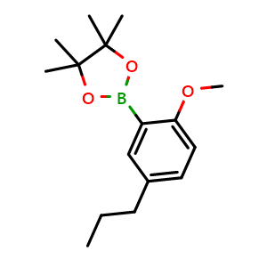 Chemical structure of 2-(2-methoxy-5-propylphenyl)-4,4,5,5-tetramethyl-1,3,2-dioxaborolane , CAS 1421320-01-5, AChemBlock AD295659