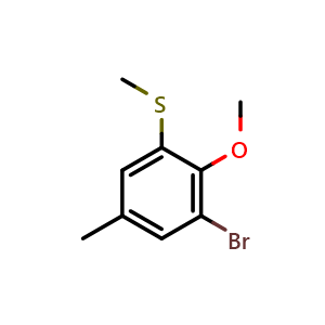 Chemical structure of (3-bromo-2-methoxy-5-methylphenyl)(methyl)sulfane , CAS 861792-45-2, AChemBlock AD295722