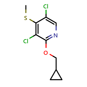 Chemical structure of 3,5-dichloro-2-(cyclopropylmethoxy)-4-(methylthio)pyridine , CAS 2918891-00-4, AChemBlock AD295732