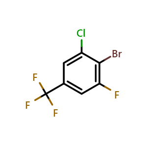 Chemical structure of 2-bromo-1-chloro-3-fluoro-5-(trifluoromethyl)benzene , CAS 1609019-49-9, AChemBlock AD295745