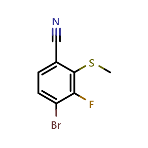 Chemical structure of 4-bromo-3-fluoro-2-(methylthio)benzonitrile , CAS 2711124-36-4, AChemBlock AD295752