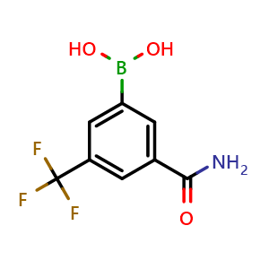 Chemical structure of (3-carbamoyl-5-(trifluoromethyl)phenyl)boronic acid , CAS 2091300-36-4, AChemBlock AD295754