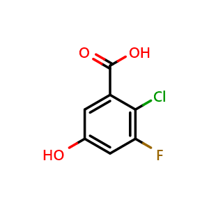 Chemical structure of 2-chloro-3-fluoro-5-hydroxybenzoic acid , CAS 860296-17-9, AChemBlock AD295800