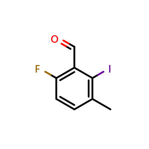 Chemical structure of 6-fluoro-2-iodo-3-methylbenzaldehyde , CAS 2386183-26-0, AChemBlock AD295814