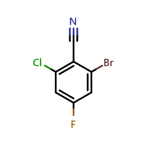 Chemical structure of 2-bromo-6-chloro-4-fluorobenzonitrile , CAS 1691653-65-2, AChemBlock AD295819