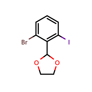 Chemical structure of 2-(2-bromo-6-iodophenyl)-1,3-dioxolane , CAS 2376982-22-6, AChemBlock AD295821