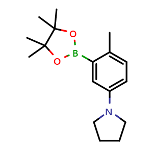 Chemical structure of 1-(4-methyl-3-(4,4,5,5-tetramethyl-1,3,2-dioxaborolan-2-yl)phenyl)pyrrolidine , CAS 2223034-89-5, AChemBlock AD295898