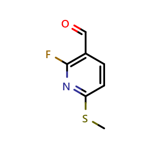 Chemical structure of 2-fluoro-6-(methylthio)nicotinaldehyde , CAS 1289054-40-5, AChemBlock AD295911