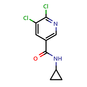 Chemical structure of 5,6-dichloro-N-cyclopropylnicotinamide , CAS 25764-77-6, AChemBlock AD295987
