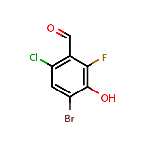 Chemical structure of 4-bromo-6-chloro-2-fluoro-3-hydroxybenzaldehyde , CAS 2969453-11-8, AChemBlock AD296011