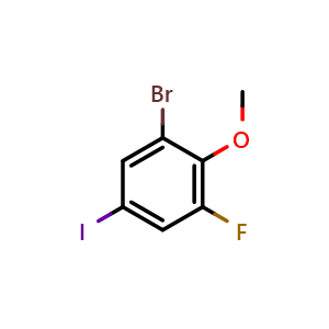 Chemical structure of 1-bromo-3-fluoro-5-iodo-2-methoxybenzene , CAS 2384811-06-5, AChemBlock AD296044