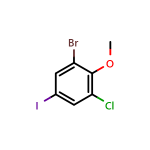 Chemical structure of 1-bromo-3-chloro-5-iodo-2-methoxybenzene , CAS 1373873-52-9, AChemBlock AD296046