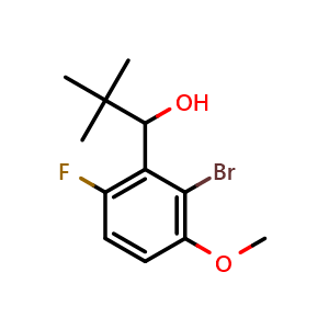 Chemical structure of 1-(2-bromo-6-fluoro-3-methoxyphenyl)-2,2-dimethylpropan-1-ol , CAS 2969374-97-6, AChemBlock AD296097