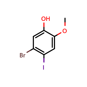 Chemical structure of 5-bromo-4-iodo-2-methoxyphenol , CAS 2090948-21-1, AChemBlock AD296134