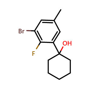 Chemical structure of 1-(3-bromo-2-fluoro-5-methylphenyl)cyclohexanol , CAS 2921879-31-2, AChemBlock AD296185
