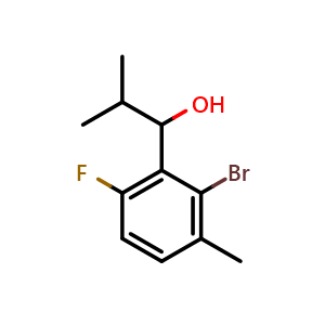 Chemical structure of 1-(2-bromo-6-fluoro-3-methylphenyl)-2-methylpropan-1-ol , CAS 2918911-70-1, AChemBlock AD296200