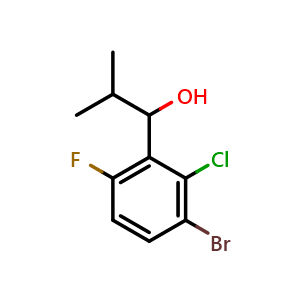 Chemical structure of 1-(3-bromo-2-chloro-6-fluorophenyl)-2-methylpropan-1-ol , CAS 2901105-91-5, AChemBlock AD296201