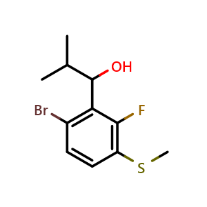 Chemical structure of 1-(6-bromo-2-fluoro-3-(methylthio)phenyl)-2-methylpropan-1-ol , CAS 2918892-06-3, AChemBlock AD296208
