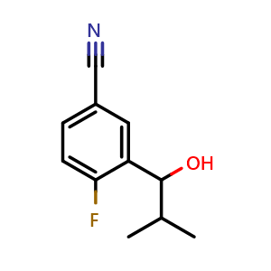 Chemical structure of 4-fluoro-3-(1-hydroxy-2-methylpropyl)benzonitrile , CAS 1508870-23-2, AChemBlock AD296245