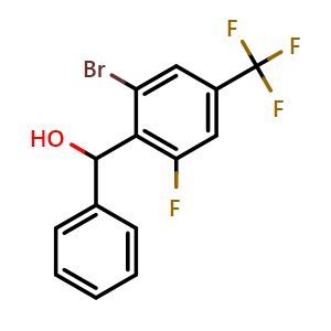 Chemical structure of (2-bromo-6-fluoro-4-(trifluoromethyl)phenyl)(phenyl)methanol , CAS 2918843-06-6, AChemBlock AD296252
