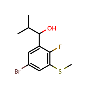 Chemical structure of 1-(5-bromo-2-fluoro-3-(methylthio)phenyl)-2-methylpropan-1-ol , CAS 2918843-42-0, AChemBlock AD296271