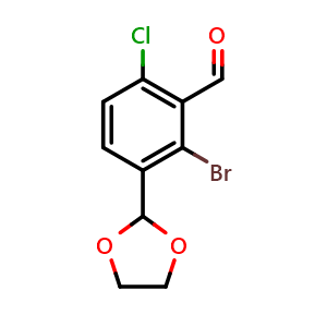 Chemical structure of 2-bromo-6-chloro-3-(1,3-dioxolan-2-yl)benzaldehyde , CAS 2969411-92-3, AChemBlock AD296282