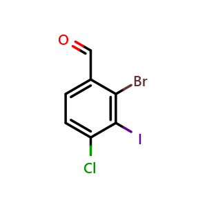 Chemical structure of 2-bromo-4-chloro-3-iodobenzaldehyde , CAS 2092619-05-9, AChemBlock AD296284