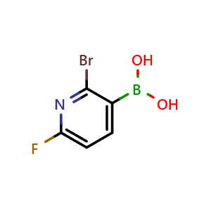 Chemical structure of (2-bromo-6-fluoropyridin-3-yl)boronic acid , CAS 2560612-77-1, AChemBlock AD296351