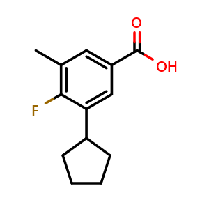 Chemical structure of 3-cyclopentyl-4-fluoro-5-methylbenzoic acid , CAS 2901097-12-7, AChemBlock AD296371