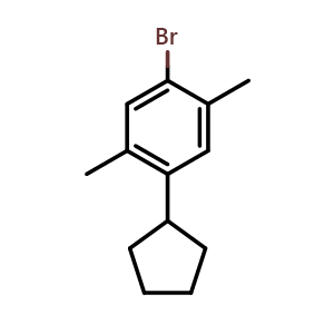 Chemical structure of 1-bromo-4-cyclopentyl-2,5-dimethylbenzene , CAS 2918874-09-4, AChemBlock AD296378