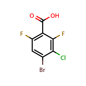 Chemical structure of 4-bromo-3-chloro-2,6-difluorobenzoic acid , CAS 1539871-01-6, AChemBlock AD296449