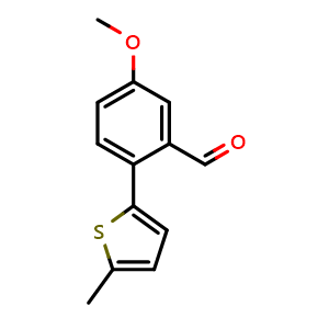 Chemical structure of 5-methoxy-2-(5-methylthiophen-2-yl)benzaldehyde , CAS 1696690-20-6, AChemBlock AD296471