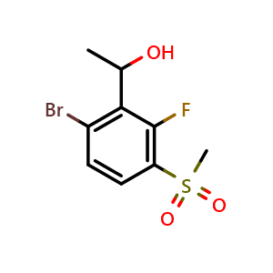 Chemical structure of 1-(6-bromo-2-fluoro-3-(methylsulfonyl)phenyl)ethanol , CAS 2969437-31-6, AChemBlock AD296563