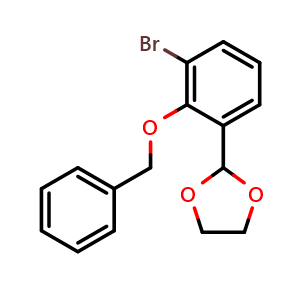 Chemical structure of 2-(2-(benzyloxy)-3-bromophenyl)-1,3-dioxolane , CAS 2918965-23-6, AChemBlock AD296592