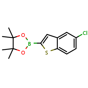 Chemical structure of 2-(5-chlorobenzo[b]thiophen-2-yl)-4,4,5,5-tetramethyl-1,3,2-dioxaborolane , CAS 2849537-03-5, AChemBlock AD296593