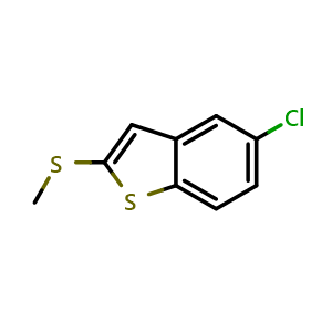Chemical structure of 5-chloro-2-(methylthio)benzo[b]thiophene , CAS 30489-83-9, AChemBlock AD296594