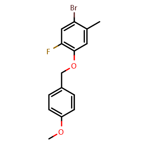 Chemical structure of 1-bromo-5-fluoro-4-((4-methoxybenzyl)oxy)-2-methylbenzene , CAS 2773322-40-8, AChemBlock AD296596