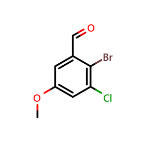Chemical structure of 2-bromo-3-chloro-5-methoxybenzaldehyde , CAS 2091527-44-3, AChemBlock AD296606