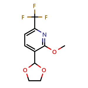 Chemical structure of 3-(1,3-dioxolan-2-yl)-2-methoxy-6-(trifluoromethyl)pyridine , CAS 2969320-51-0, AChemBlock AD296625