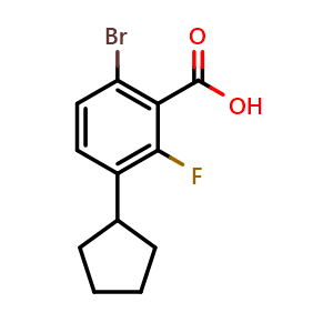 Chemical structure of 6-bromo-3-cyclopentyl-2-fluorobenzoic acid , CAS 1776923-65-9, AChemBlock AD296659