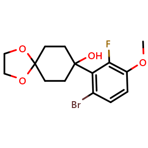 Chemical structure of 8-(6-bromo-2-fluoro-3-methoxyphenyl)-1,4-dioxaspiro[4.5]decan-8-ol , CAS 2921892-52-4, AChemBlock AD296706