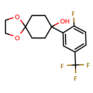 Chemical structure of 8-(2-fluoro-5-(trifluoromethyl)phenyl)-1,4-dioxaspiro[4.5]decan-8-ol , CAS 2921708-25-8, AChemBlock AD296707