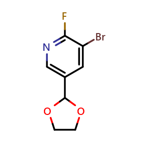 Chemical structure of 3-bromo-5-(1,3-dioxolan-2-yl)-2-fluoropyridine , CAS 2969336-70-5, AChemBlock AD296708