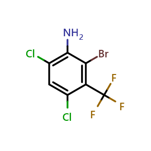 Chemical structure of 2-bromo-4,6-dichloro-3-(trifluoromethyl)aniline , CAS 2918950-13-5, AChemBlock AD296727