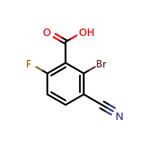 Chemical structure of 2-Bromo-3-cyano-6-fluorobenzoic acid , CAS 1403381-77-0, AChemBlock AD296767